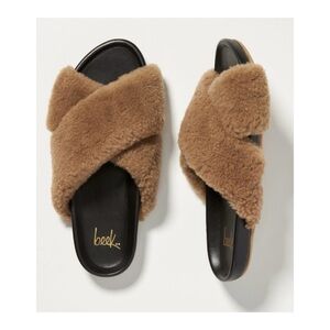 beek Tan Shearling Crisscross Slide Sandals